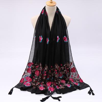 China Long Color Pure Cotton and Embroidered Canvas Scarf Rhinestone Fringed Designer Scarf Women Long Scarf for Elegant Women for sale