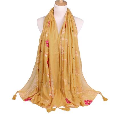 China Hot Sale Fashion Embroidered Flowers Women's Long Scarf Wholesale Cotton Monochrome Shawl Rhinestone For Women Jewelry for sale