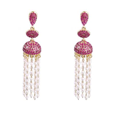 China Hot Vintage Selling 2022 Trendy Alloy Diamond Rhinestone Multi Layer Pink Geometric Pearl Tassel Earrings Women Fashion Jewelry for sale