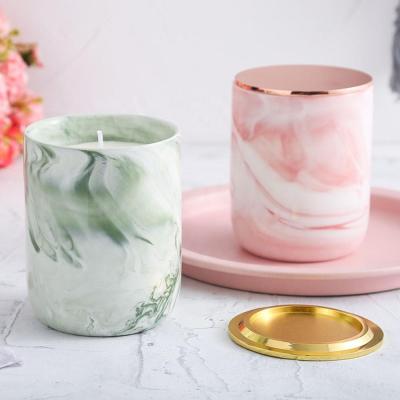 China Eco-friendly Modern Ceramic Marble Candle Holders With Metal Lid For Wedding Home Decoration for sale