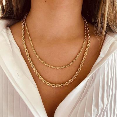 China Hiphop Fashion Hiphop 18K Gold Plated Stainless Steel Cuban Chain Rope Twist Link Chain Braided Necklace for sale