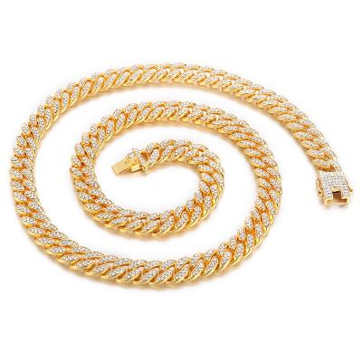 China New Alloy Metal Hiphop Mens Jewelry 13mm Gold Plating Diamond Cuban Chain Necklace for sale