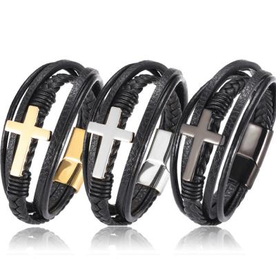 China Hot-selling FASHIONABLE Handmade Men Amazon PU Bracelet Classic Stainless Steel Gold Cross Black Leather Bracelet for sale