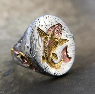 China New Arrival Fashionable Gold Relief Fish Wrinkled Charm Ring Men Fashion Personality Fish Ring for sale