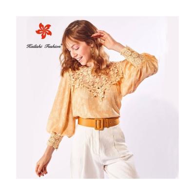 China Hot Sale Fancy Lace Chiffon Anti Pilling Tops Loose Style Hollow Out Solid Color Sexy Shirts Blouse For Women Crop Top for sale