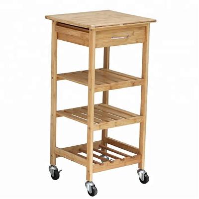 China Hot Selling Solid Wood Kitchen Storage Serving Cart Bamboo Island Cart With Wheels Hand Bamboo Cart With Wheels for sale