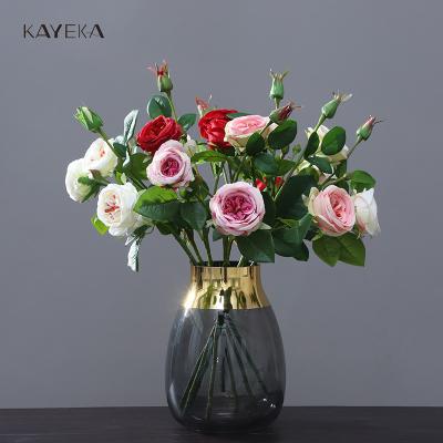 China 2 Flowers+1 Bud KYK Wholesale English Rose David Austin Rose For Home Wedding 3 Stems Artificial Flower Decoration for sale