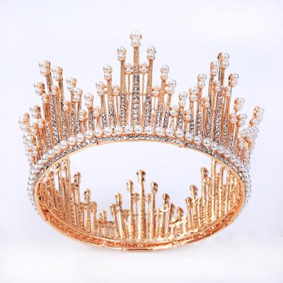 China Luxury Pearl Decorated Beauty Pageant Crown Baroque Rhinestone Stage Show Crown Full Pageant Party Crown for sale