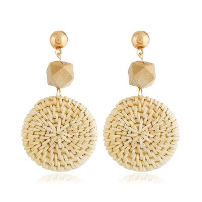 China 2021 hot selling fashion bamboo ear stud big rattan earrings women's daily personality round wooden jewelry for sale