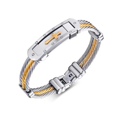 China Three Rows Stainless Steel Cable Braided Cross Bracelet Stainless Steel Rope Bracelet Jesus Jewelry Wholesale Pattern for sale