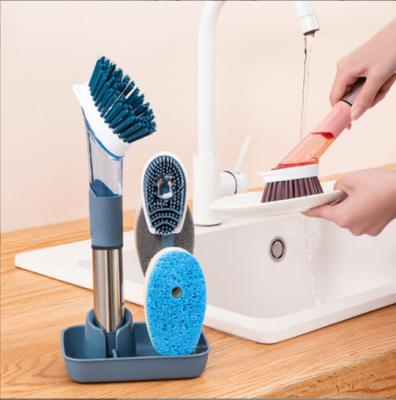 China Stocked Customized Wholesale 4 in 1 Multifunctional Cleaning Scrub Set Household Press Pot Dish Brush with Brush Holder for sale