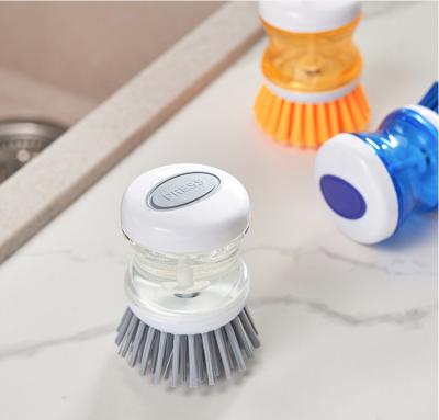 China Portable Stocked Kitchen Dish Brush Pressed Mini Kitchen Washing Utensils Plastic Pot Dish Cleaning Brush with Liquid Soap Dispenser for sale