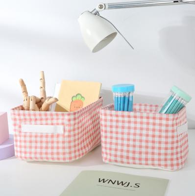 China Pink Nordic Canvas Grid China Cotton Laundry Bags And Storage Box Customized Foldable Stored Toy Kids Baskets Stationery for sale