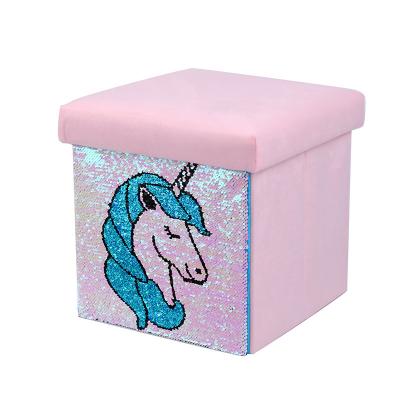 China Comfortable Unique Fabric Unicorn Design Velvet Storage Ottoman, Folding Seat Sequin Ottoman for sale