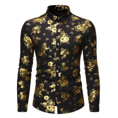 China Floral Print Luxury Mens Anti-Wrinkle Brand Mens Shirt Gold Dress Shirts Slim Fit Long Sleeve Streetwear Hawaiian Shirt For Man for sale