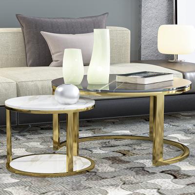 China Customizable White And Black Top Tea Table Set Modern Simple Round Marble Coffee Table With Metal Frame Base for sale