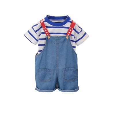 China Casual promotion high quality girls' denim jumpsuits and children's striped round neck western style short-sleeved T-shirts for sale