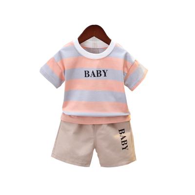 China Girls Casual Wholesale Striped Short Sleeve T-shirt Good Quality Round Neck Shirt All-match Shorts Two-Piece Suit for sale