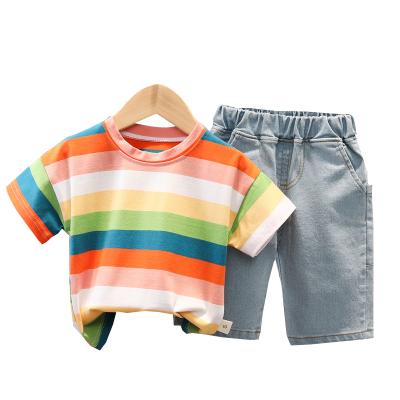 China 2021 New Arrivals Orange Casual Non-Hooded Striped Two-piece Jeans Design Short Sleeve Suit for sale