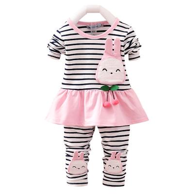 China Casual Spring New 2021 Korean Baby Cherry Bunny Sleeve Long Striped Suit Girls Fashion Two Piece Wholesale for sale