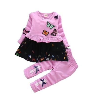 China Baby Casual Female Round Neck Sweater Set Korean Children's Butterfly Long Sleeve Tunic Suit Two-piece Fashion for sale