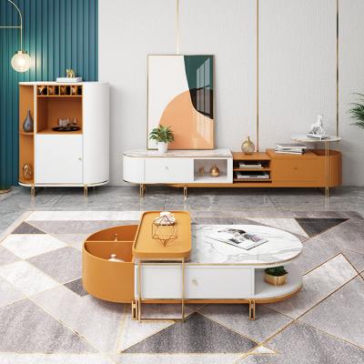 China Modern luxury designs colorful gold round marble style rock slab smart tv cabinet and coffee tables set living room furniture for sale