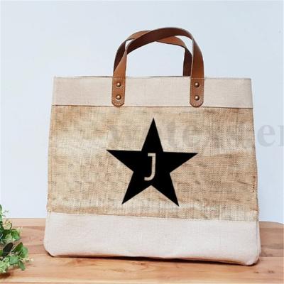 China BJ0059 Handled Custom Design Handles Jute Leather Tote Beach Shopping Bags Ladies Beach BurlapTote Bag for sale