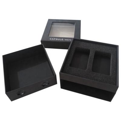 China Handmade Black Cardboard Packing Inside Foam Paper Gift Box With Clear Window for sale