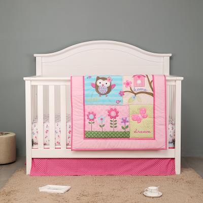 China Hot Sale 3pcs Disposable Crib Bedding Sets For Girls Pink Owl Flowers Applique Embroidery Ebay Amazon New Design for sale