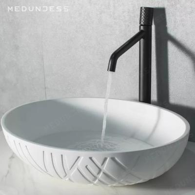 China Easy Clean Lavatory Round Countertop Sink Luxury White Bathroom Sinks Hand Wash Sink Basin Stone Lava Artificial Stone Manos for sale