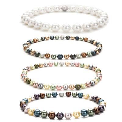 China Europe And America Fashion Jewelry Imitation Pearl Chains 10mm 16inch Long Brass Lobster Clasp Hand Knotted Shell Pearl Necklaces for sale