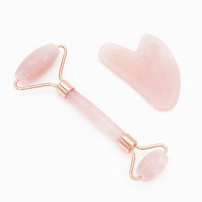 China Silent face lift massage Rose Quartz jade roller gua sha anti aging facial set for sale