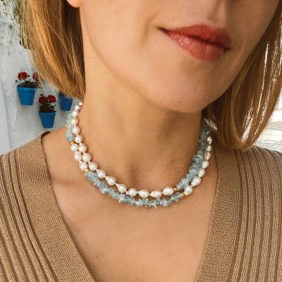 China Fashionable Long Layered Aquamarine and Pearl Necklace for Women Freshwater Pearl Rope for sale