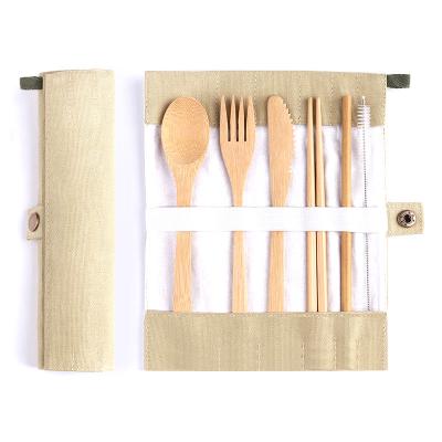 China Portable 7 In 1 Disposable Natural Organic Bamboo Clean Flatware Fork Spoon Knife Chopsticks Brushes Brushes Cutlery Set With Pouch for sale