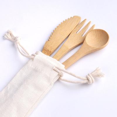 China Disposable Natural Organic Bamboo Eco Friendly Portable 3 in 1 Fork Spoon Knife Cutlery Flatware Set with Pouch for sale