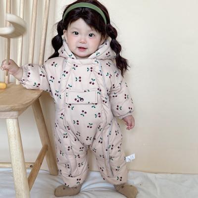 China 2022 Cherry Printed Down Kid Girl Winter Toddler Overalls Baby Infant Warm Bubble Thick Warm Hooded Romper Clothes Anti-Shrink for sale