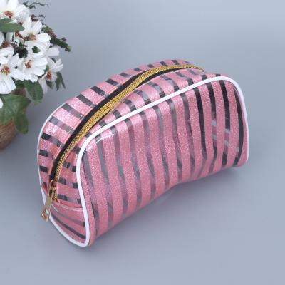 China Eco-friendly Pink Gold Glitter Ribbon Metal Zipper Transparent Bule PVC Cosmetic Bag for sale