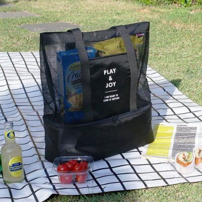 China Virgin Polyester Material Handled Black Color Reinforce Tote Polyester Mesh Bag For Picnic for sale