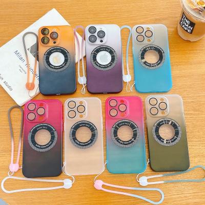 China Shockproof For iPhone 13 14 Pro Max Plus Gradient Fashion Matte Skin Feel Logo Hole Magnetic Covering Phone Case for sale