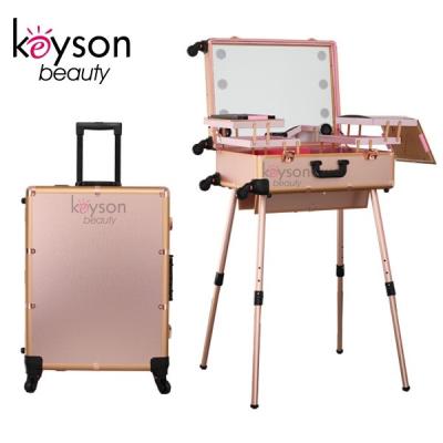 China Fashion Keyson Makeup Rolling Case With Lights Trolley Cosmetic Case Makeup Station With Lights And Mirror for sale