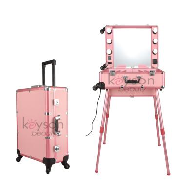 China Fashion Keyson Aluminum 4 Wheels Makeup Suitcase Professional Rolling Cosmetic Train Case With Lighted Mirror LED Light for sale