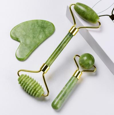 China Amazon hot sale face lift 3 in 1 jade roller gua sha set ridged green jade roller for face massager for sale