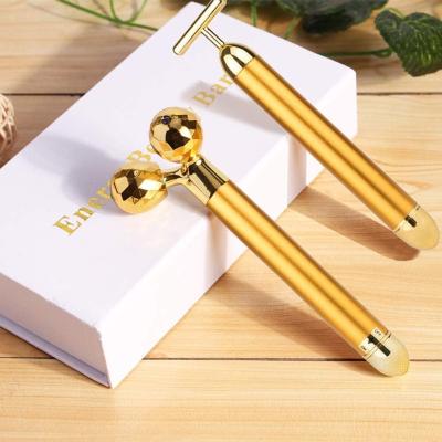 China Face Lift 2 in 1 Energy Beauty Bar 24k Gold Pulse Massager Vibrating Facial Roller T Shape 3D Shape Vibrator Roller for sale