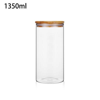 China Custom Wide Mouth 1350ml Borosilicate Glass Round Food Clear Storage Freshness Preservation Jar With Bamboo Lid for sale