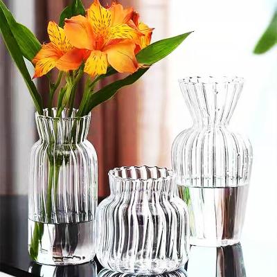 China Art Deco New embossed transparent ornaments simple flower arrangement decoration glass vase bottle for sale