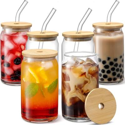 China Freshness Preservation New style 16 oz beer can glass with bamboo cover and glass straw used for Ice coffee cup lovely smoothies boba tea whisky water for sale