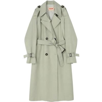 China Anti-wrinkle Designer Green Double Button Women Long Trench Coat Buckle With Belt for sale