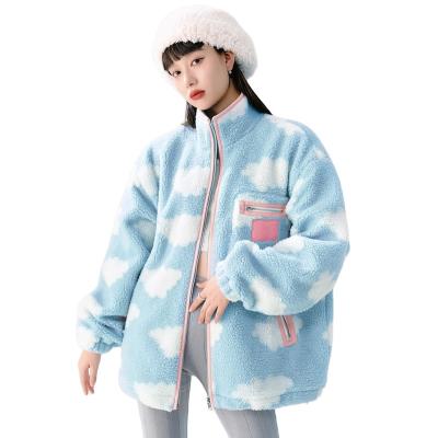 China Breathable Cloud Lead Zipper Pocket Sherpa Fleece Casual Jacket Women's Custom Bule Print for sale