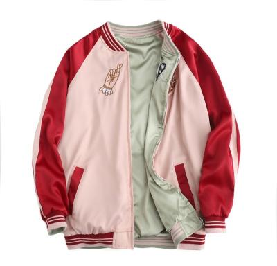 China Spring Autumn Pink Waterproof Satin Embroidered Women Bomber Jacket Reversible for sale