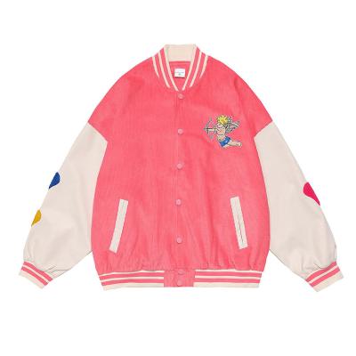 China Waterproof Button Pink Green Embroider Women Corduroy Baseball Bomber Jacket for sale